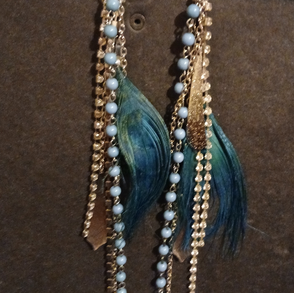 Blue Beaded Feather Earrings View 5